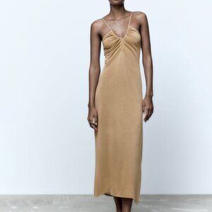 Zara LONG KNIT DRESS Size S (Small) Brand New with Tags, Straw colour